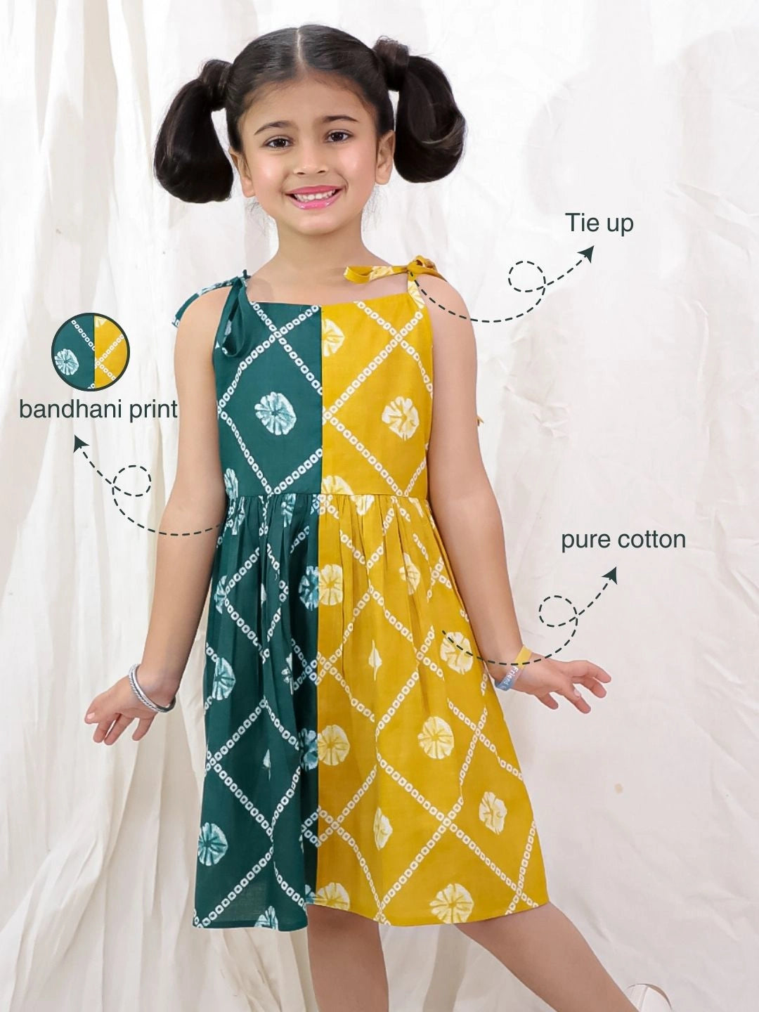 BownBee Pure Cotton Tie & Dye Sleeveless Color Block  Summer Dress For Girls - Blue