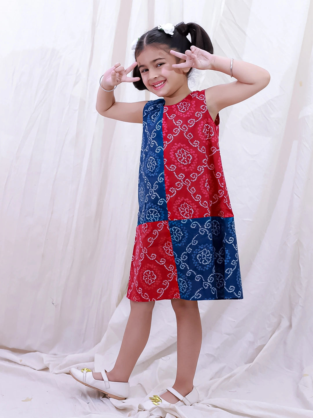 BownBee Pure Cotton Sleeveless Kalamkari Printed  Color Block  Summer Dress For Girls