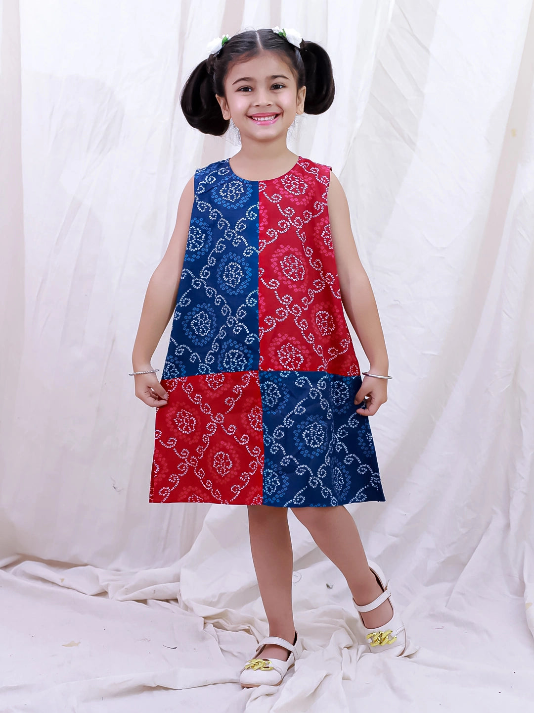 BownBee Pure Cotton Sleeveless Kalamkari Printed  Color Block  Summer Dress For Girls