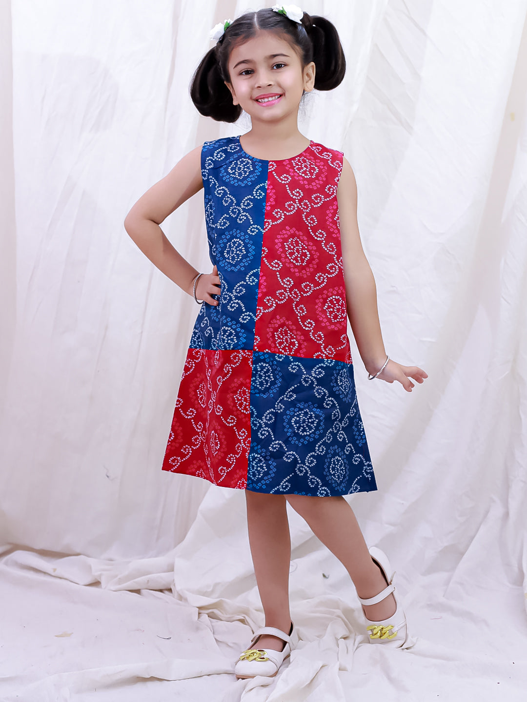 BownBee Pure Cotton Sleeveless Kalamkari Printed  Color Block  Summer Dress For Girls - Mustard