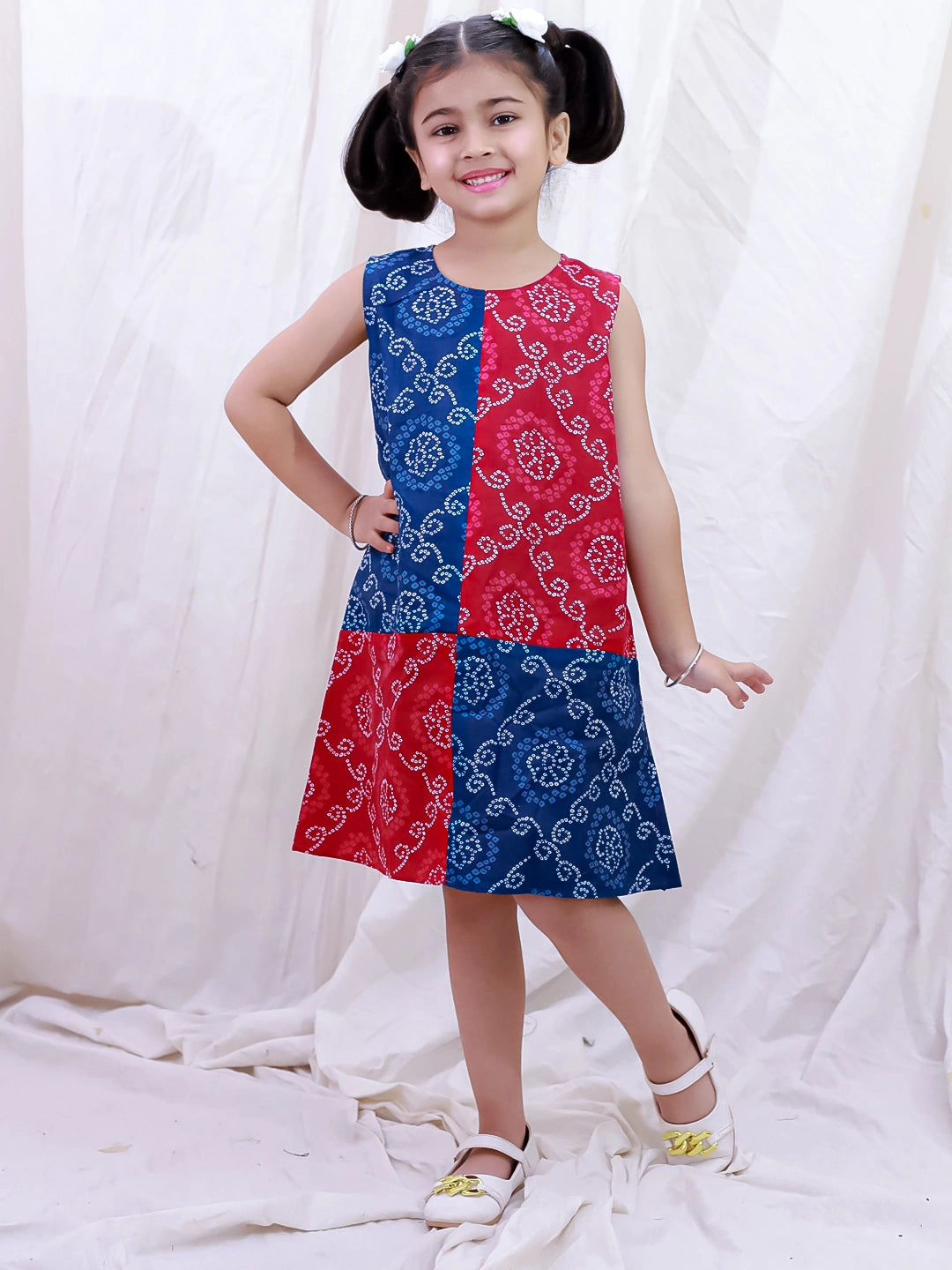 BownBee Pure Cotton Sleeveless Bandhni Printed  Color Block  Summer Dress For Girls
