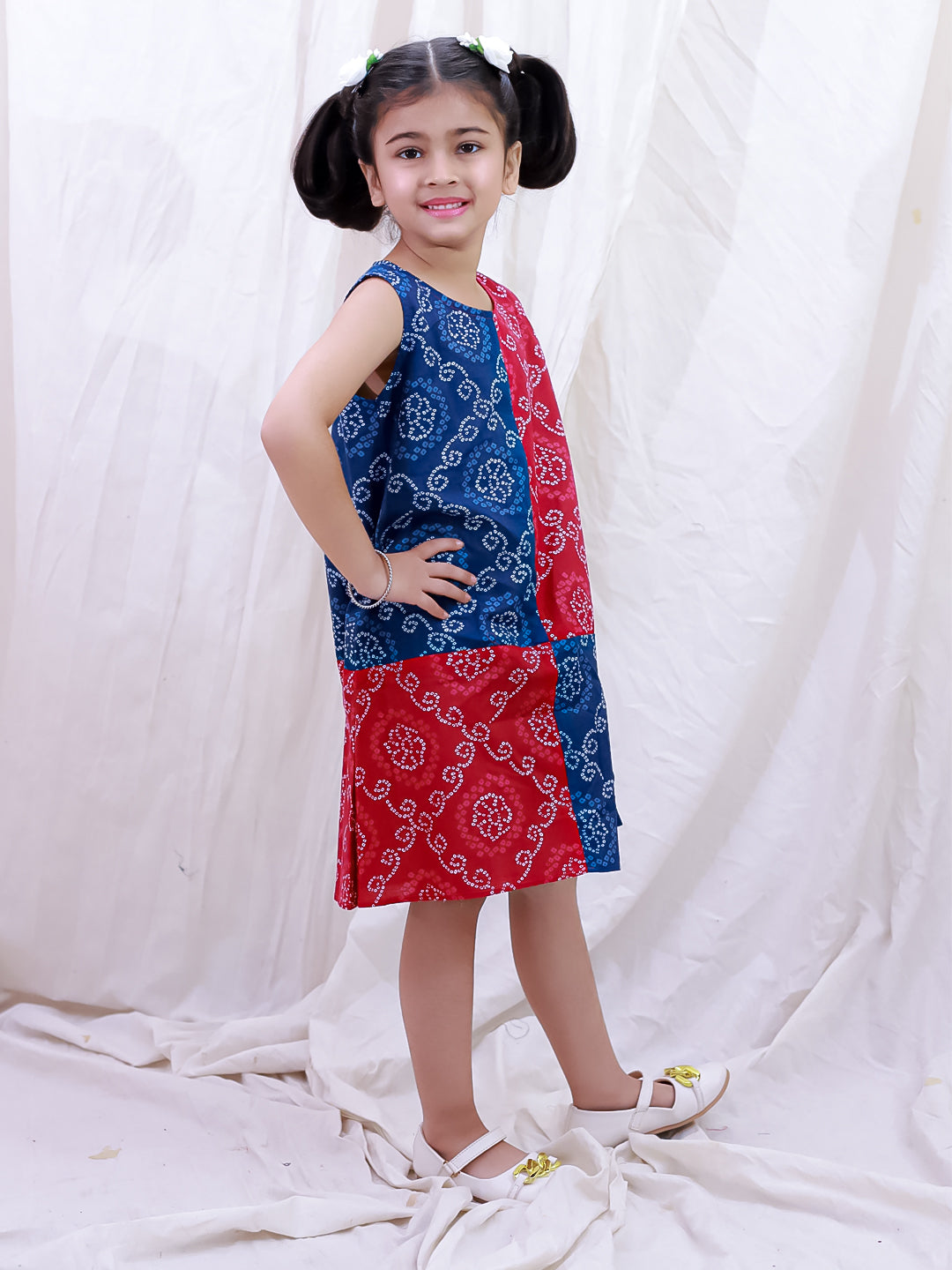 BownBee Pure Cotton Sleeveless Kalamkari Printed  Color Block  Summer Dress For Girls - Mustard