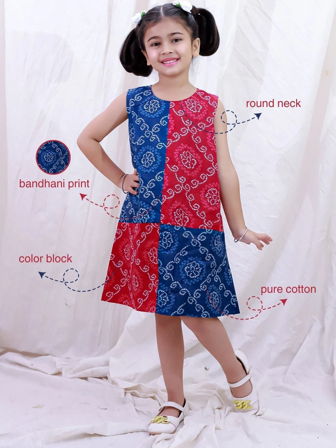BownBee Pure Cotton Sleeveless Kalamkari Printed  Color Block  Summer Dress For Girls - Mustard