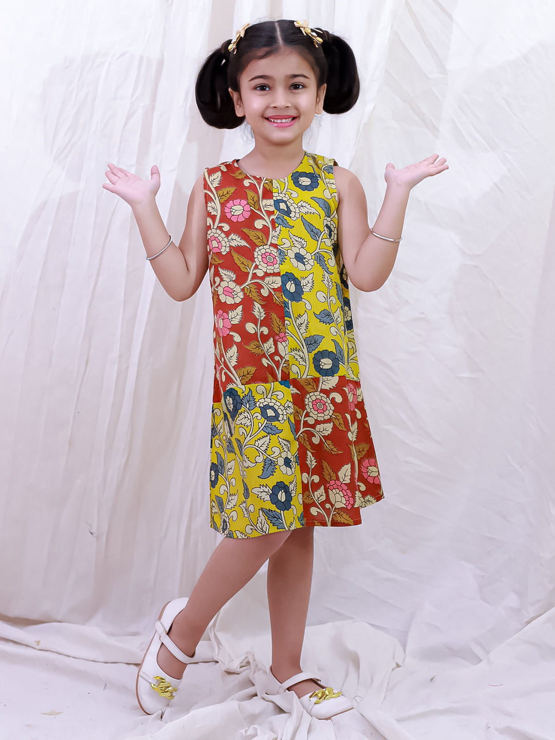 BownBee Pure Cotton Sleeveless Kalamkari Printed  Color Block  Summer Dress For Girls - Mustard