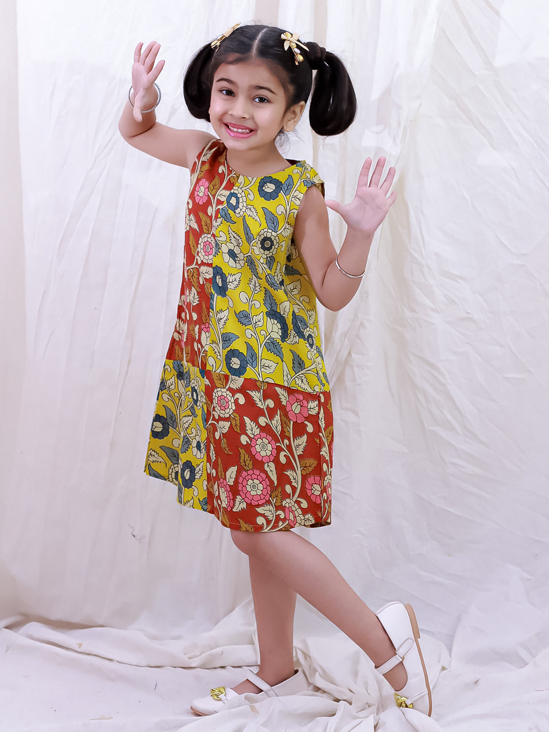 BownBee Pure Cotton Sleeveless Kalamkari Printed  Color Block  Summer Dress For Girls - Mustard