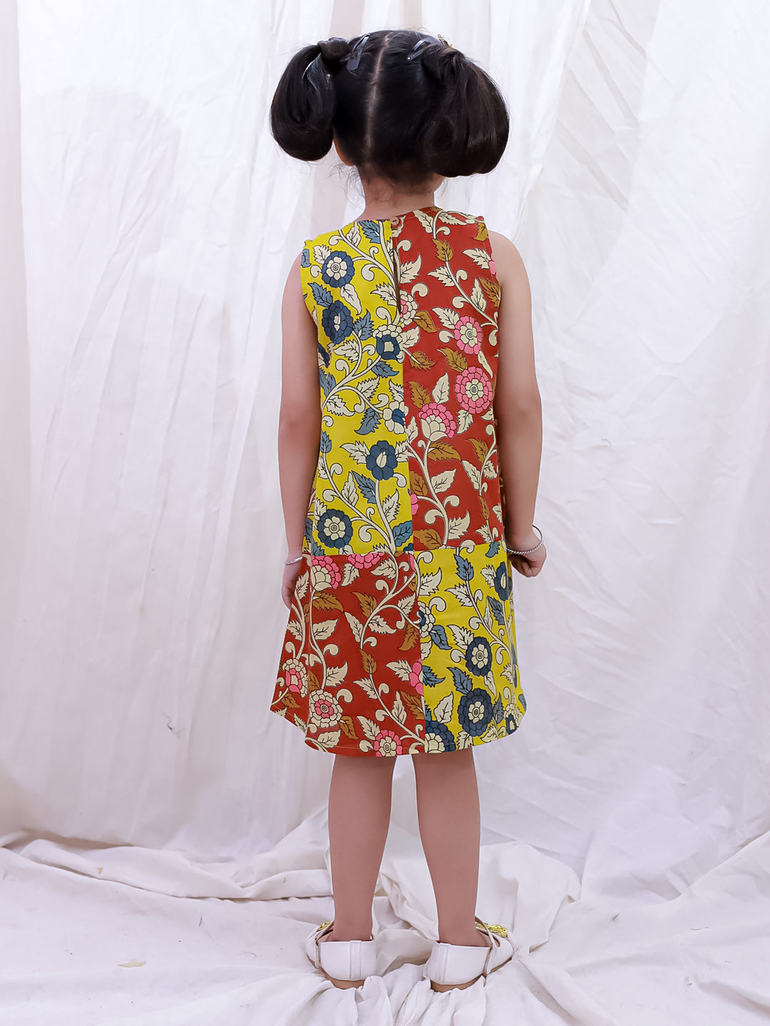 BownBee Pure Cotton Sleeveless Kalamkari Printed  Color Block  Summer Dress For Girls - Mustard