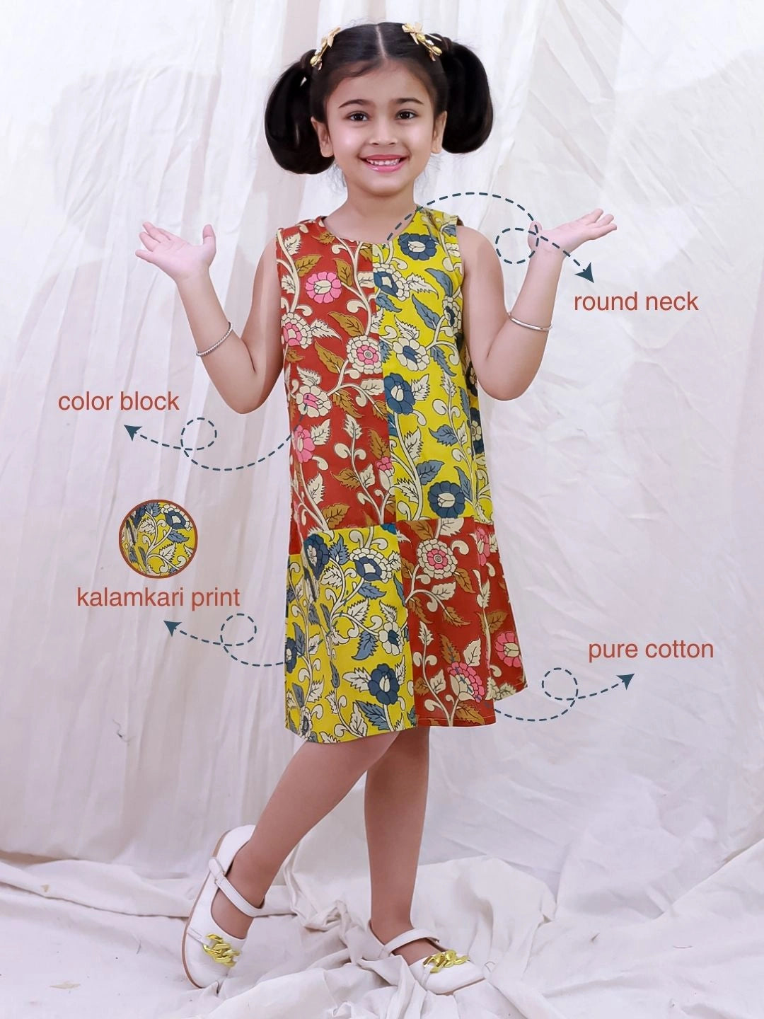 BownBee Pure Cotton Sleeveless Kalamkari Printed  Color Block  Summer Dress For Girls - Mustard