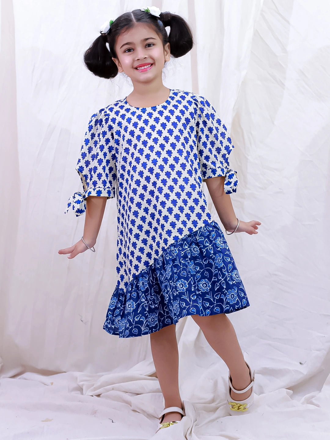 BownBee Pure Cotton Half Sleeves Printed  Color Block  Summer Dress For Girls