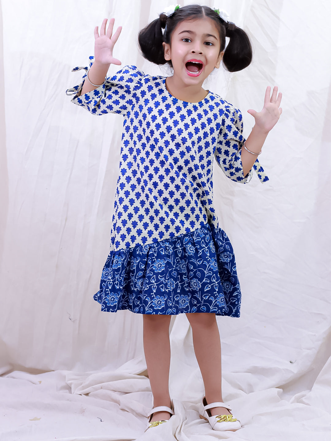 BownBee Pure Cotton Half Sleeves Printed  Color Block  Summer Dress For Girls - White