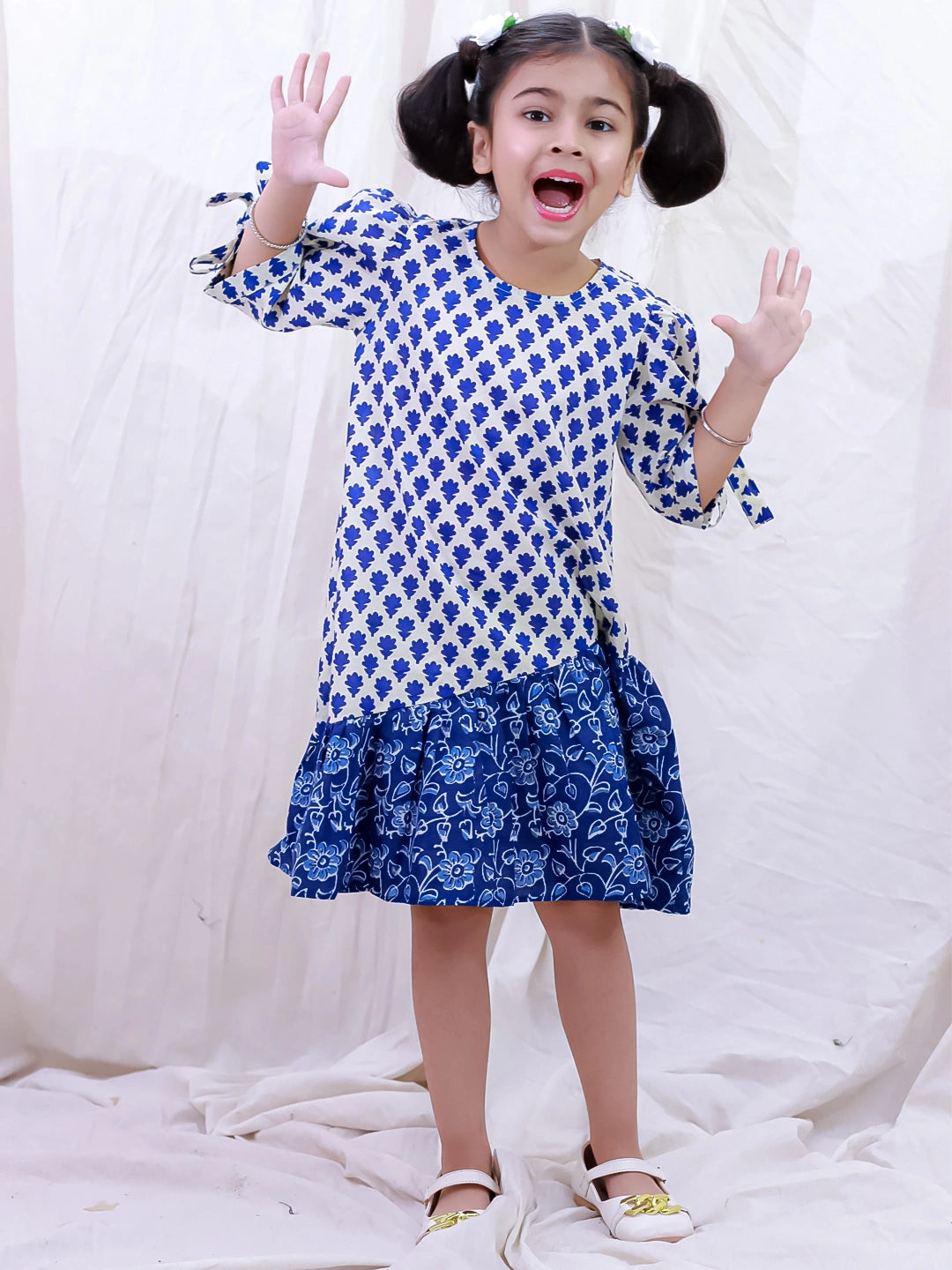 BownBee Pure Cotton Half Sleeves Printed  Color Block  Summer Dress For Girls