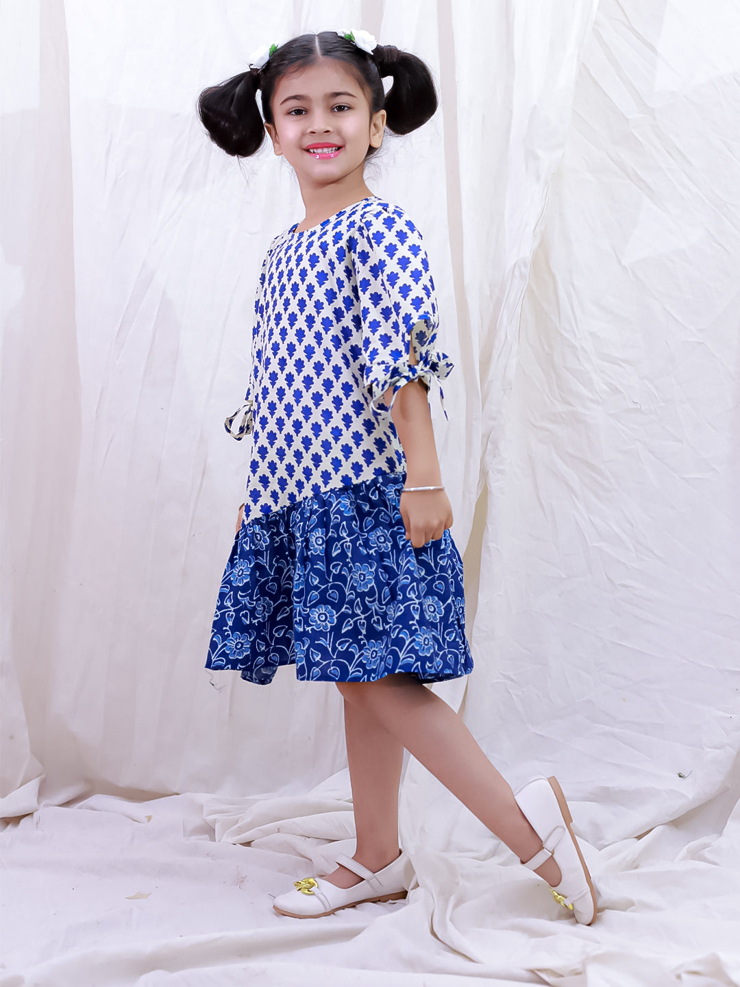 BownBee Pure Cotton Half Sleeves Printed  Color Block  Summer Dress For Girls - White