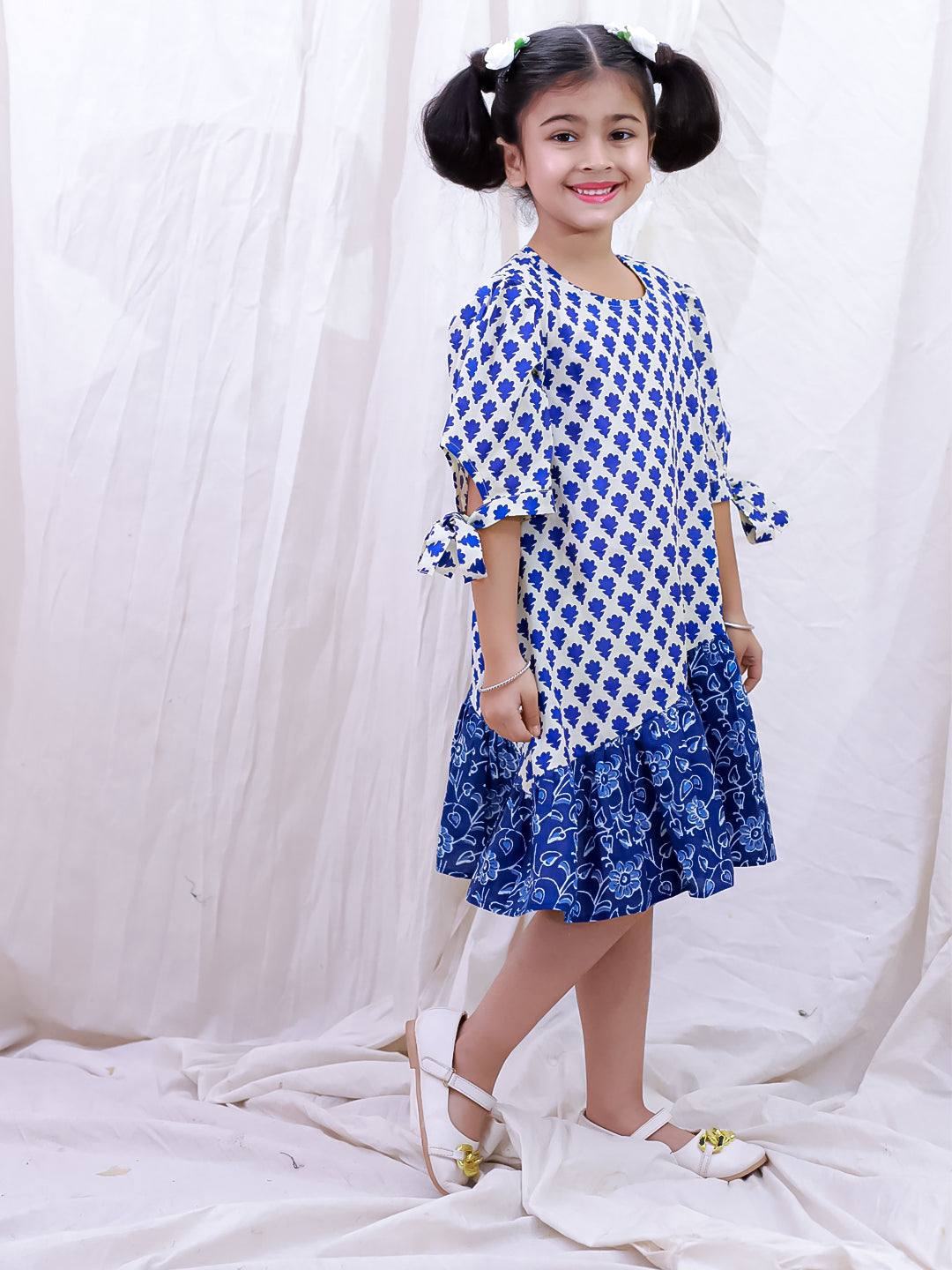 BownBee Pure Cotton Half Sleeves Printed  Color Block  Summer Dress For Girls - White