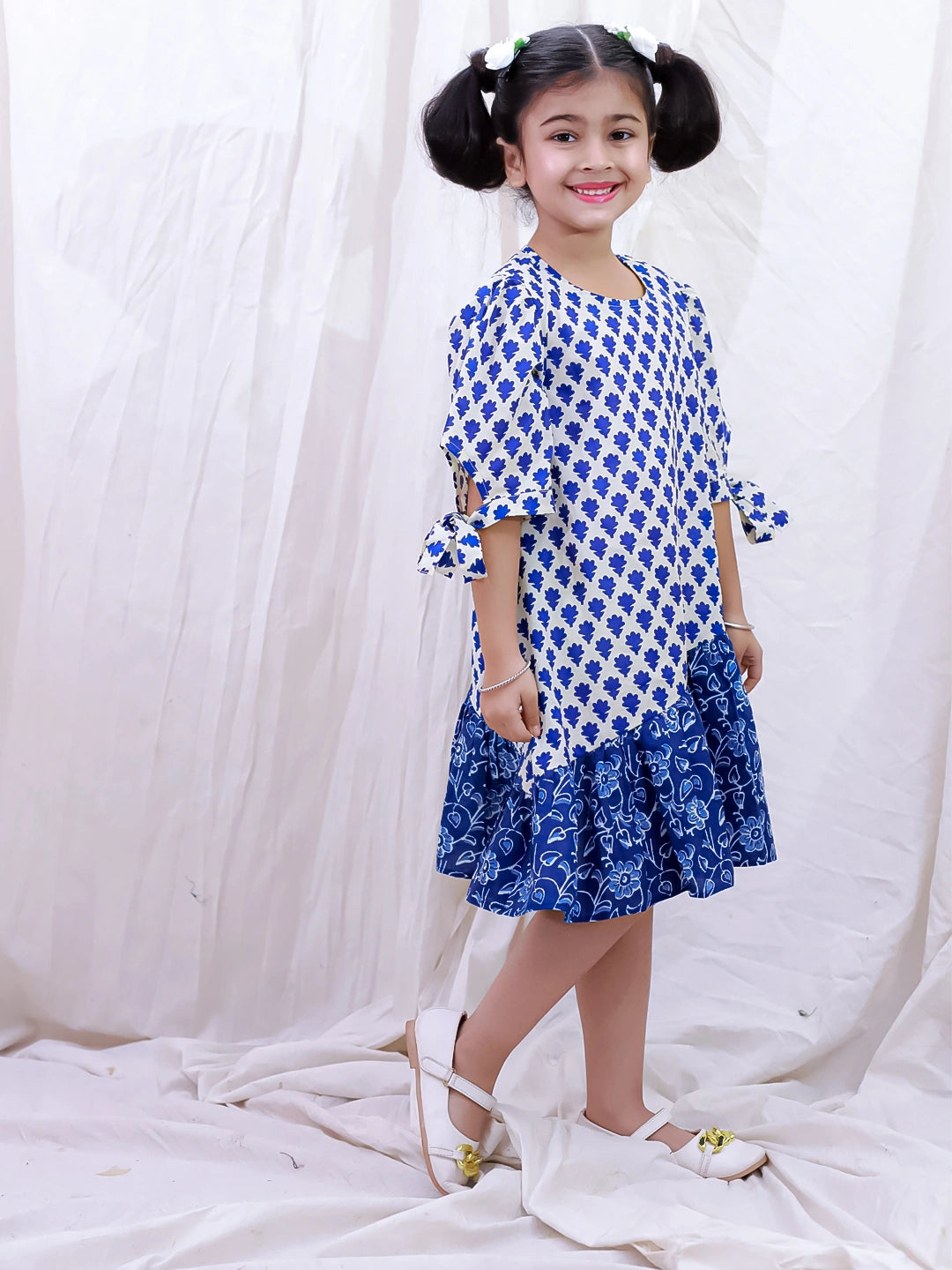 BownBee Pure Cotton Half Sleeves Printed  Color Block  Summer Dress For Girls