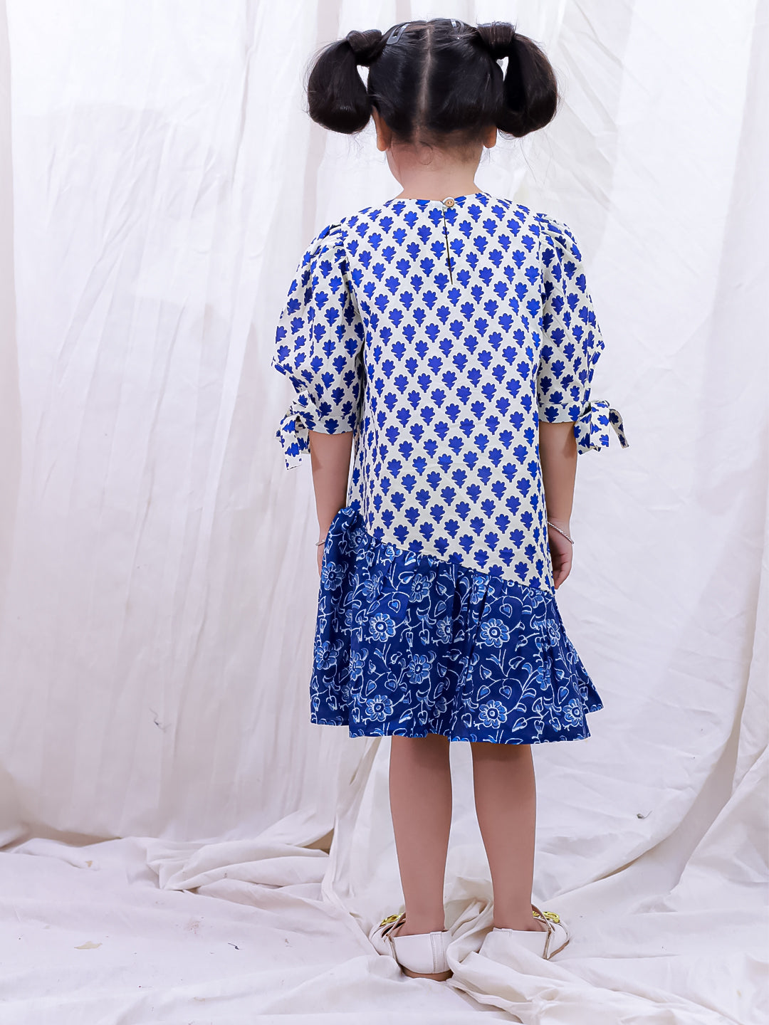 BownBee Pure Cotton Half Sleeves Printed  Color Block  Summer Dress For Girls - White