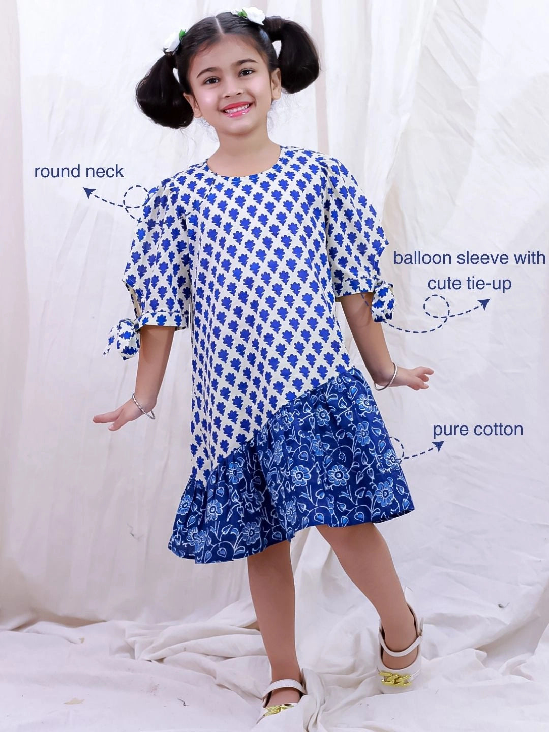 BownBee Pure Cotton Half Sleeves Printed  Color Block  Summer Dress For Girls - White