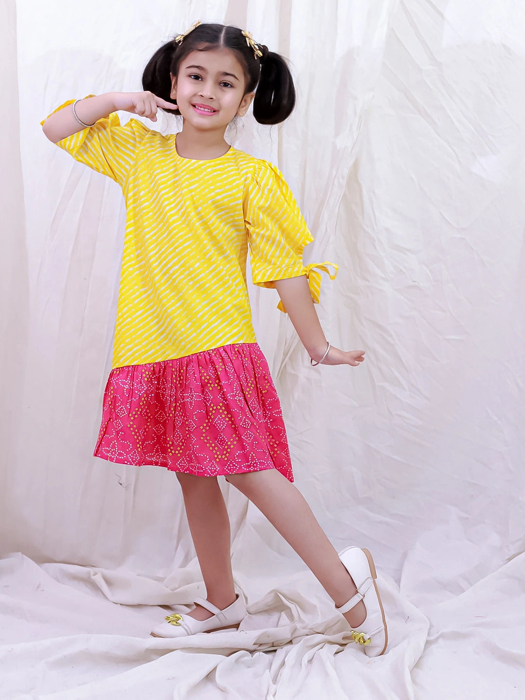 BownBee Pure Cotton Half Sleeves Printed  Color Block  Summer Dress For Girls