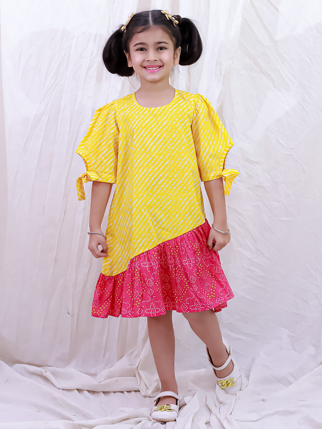 BownBee Pure Cotton Half Sleeves Printed  Color Block  Summer Dress For Girls - White