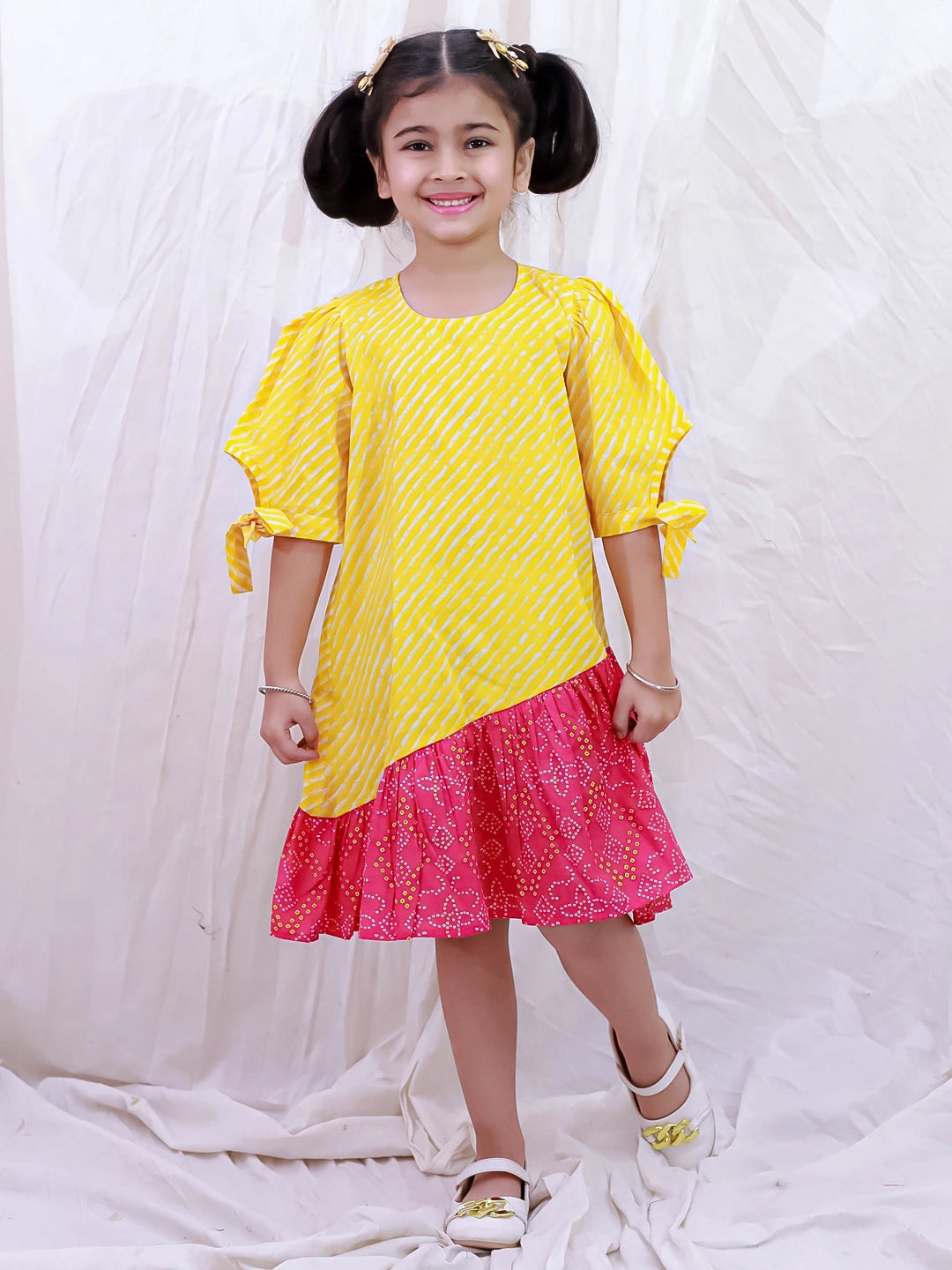 BownBee Pure Cotton Half Sleeves Printed  Color Block  Summer Dress For Girls