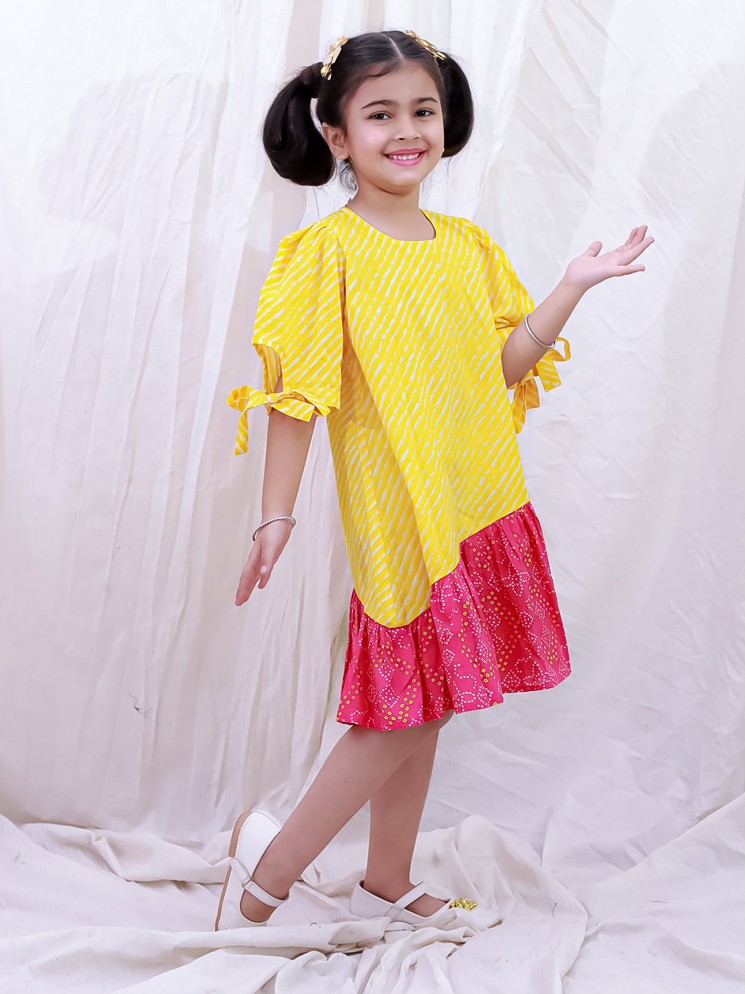 BownBee Pure Cotton Half Sleeves Printed  Color Block  Summer Dress For Girls - White