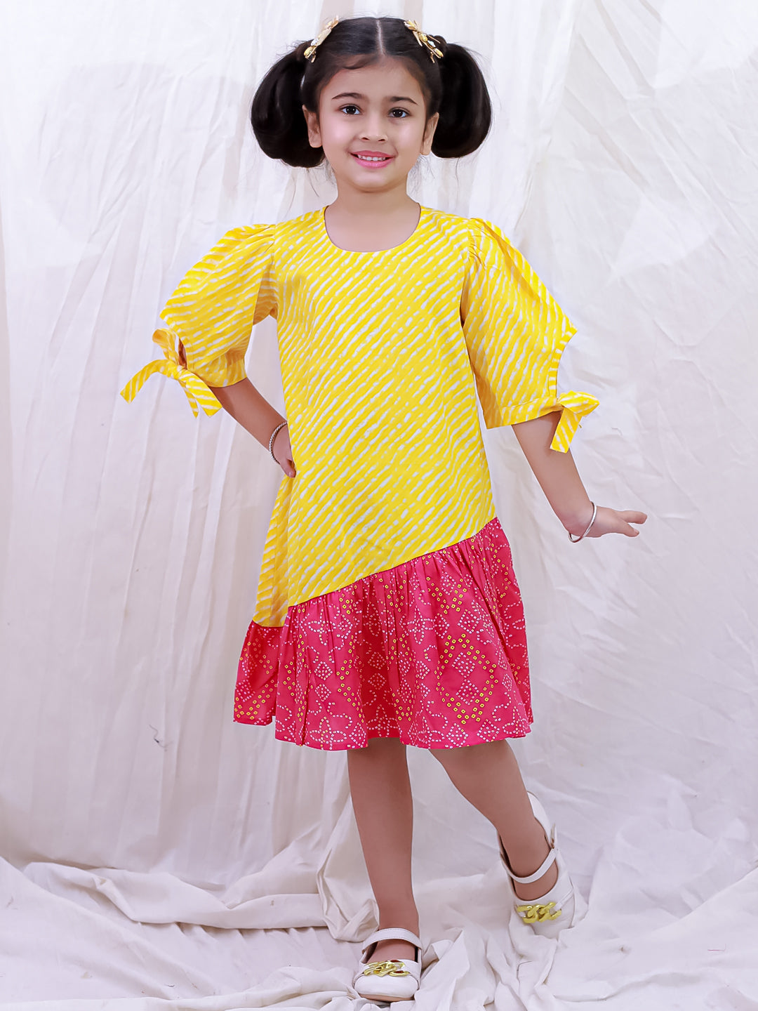 BownBee Pure Cotton Half Sleeves Printed  Color Block  Summer Dress For Girls - White