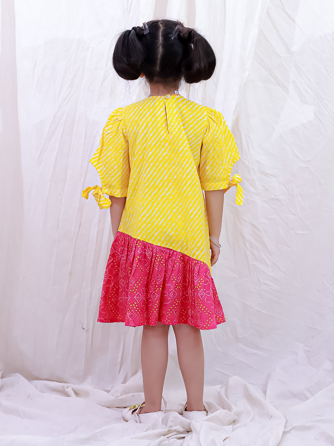 BownBee Pure Cotton Half Sleeves Printed  Color Block  Summer Dress For Girls - White