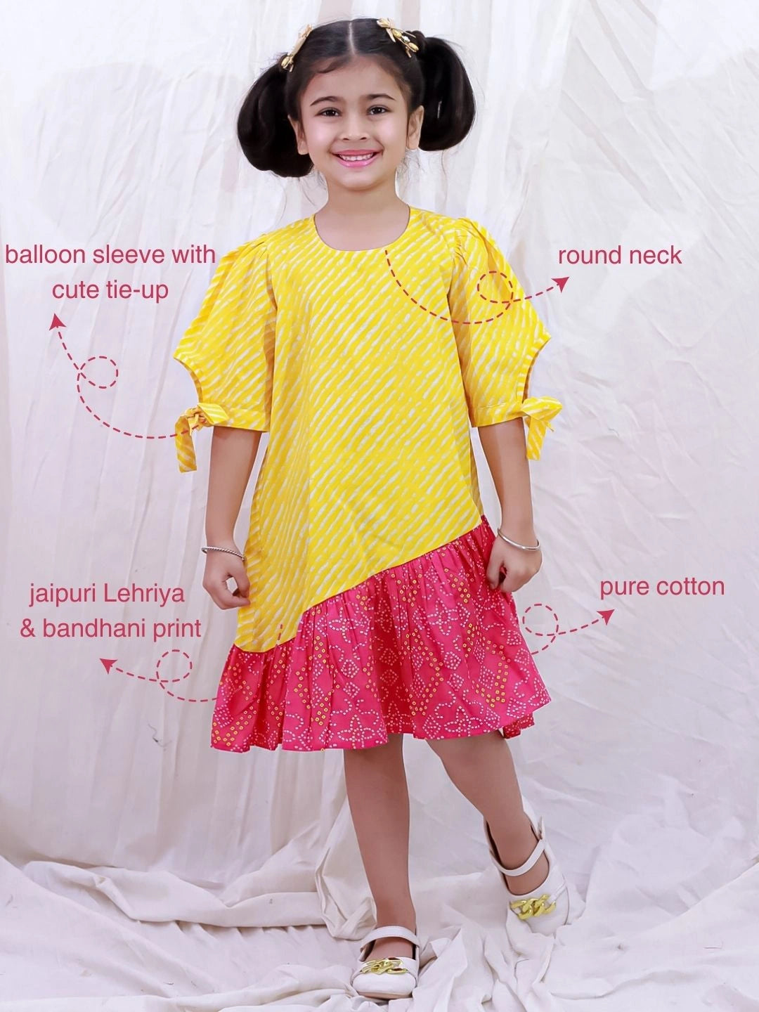 BownBee Pure Cotton Half Sleeves Printed  Color Block  Summer Dress For Girls - White