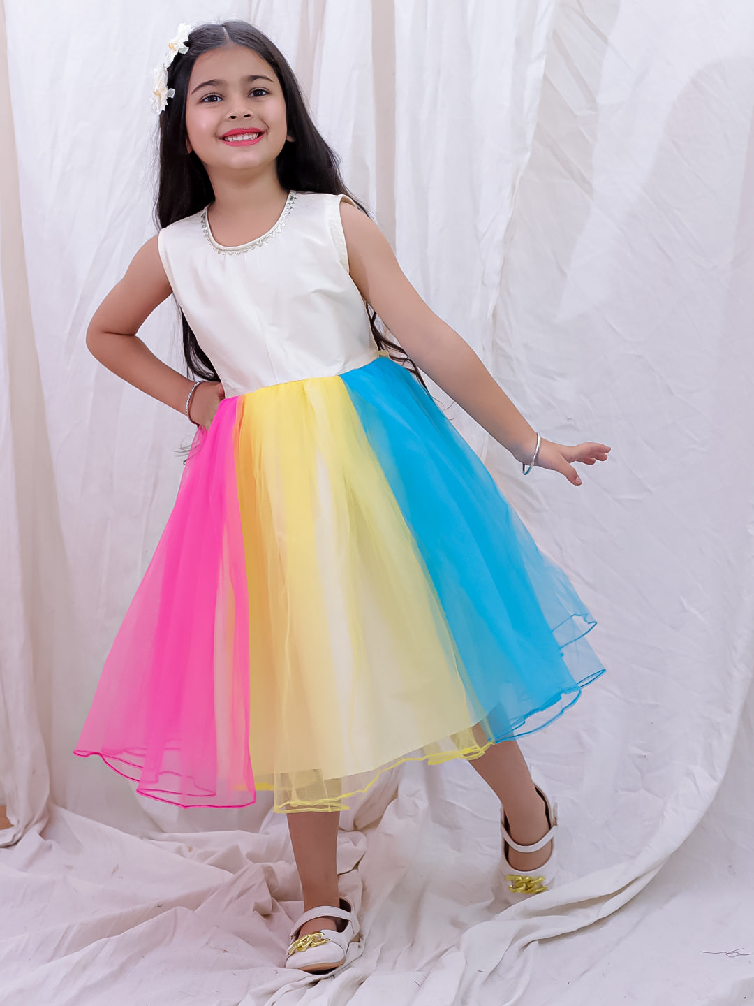 BownBee Sleeveless Multicolored Dress For Girls - White