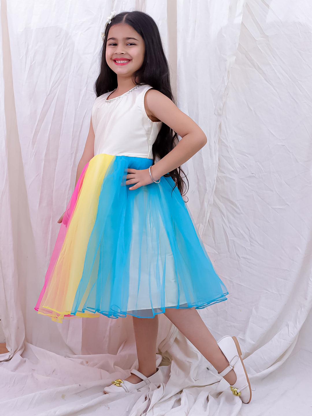 BownBee Sleeveless Multicolored Dress For Girls - White