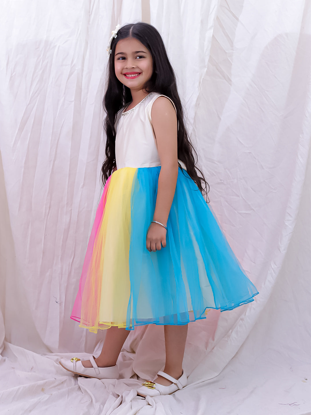 BownBee Sleeveless Multicolored Dress For Girls - White