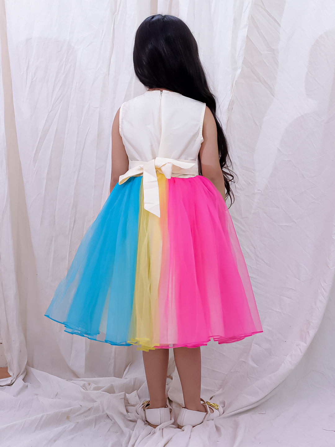 BownBee Sleeveless Multicolored Dress For Girls - White