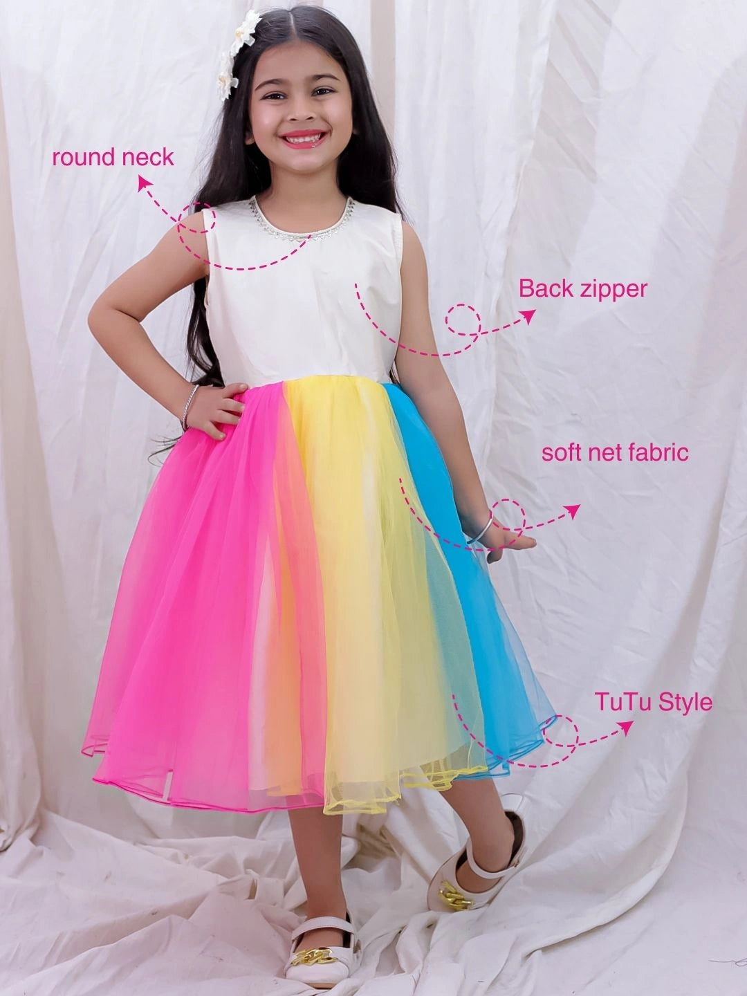 BownBee Sleeveless Multicolored Dress For Girls - White