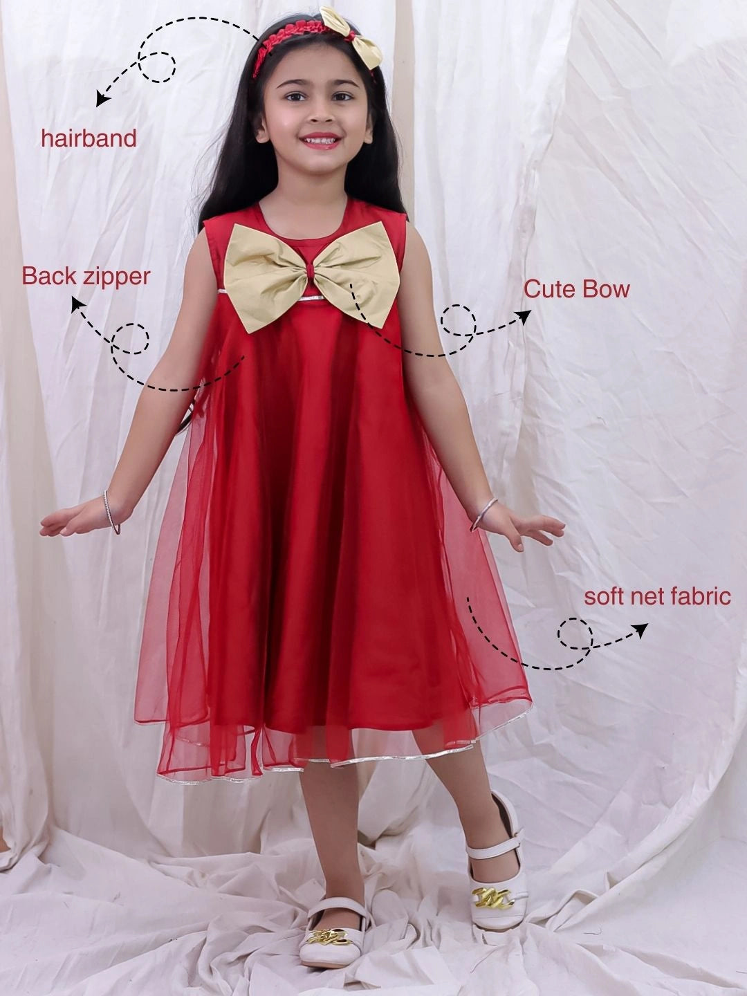 BownBee Sleeveless Taffeta Party Frock With Hairband For Girls - Red