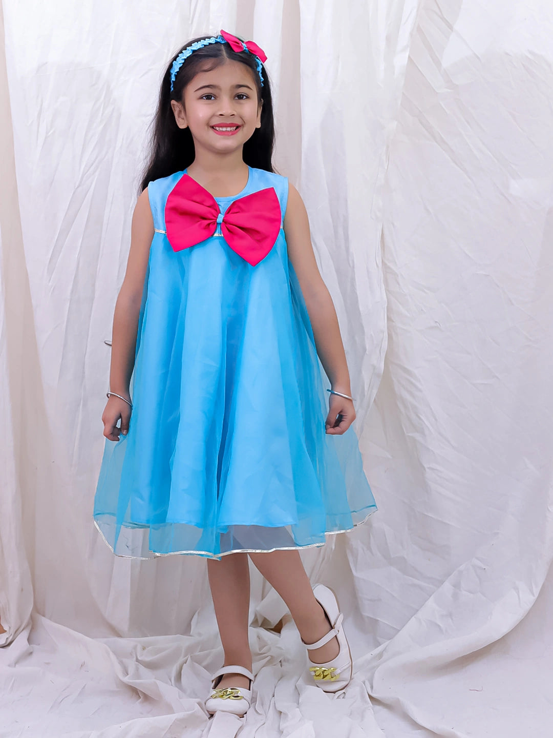 BownBee Sleeveless Taffeta Party Frock With Hairband For Girls