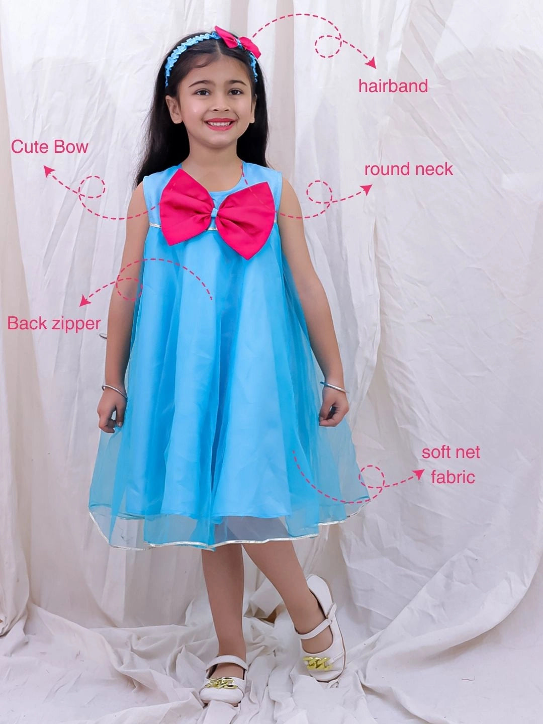 BownBee Sleeveless Taffeta Party Frock With Hairband For Girls - Red