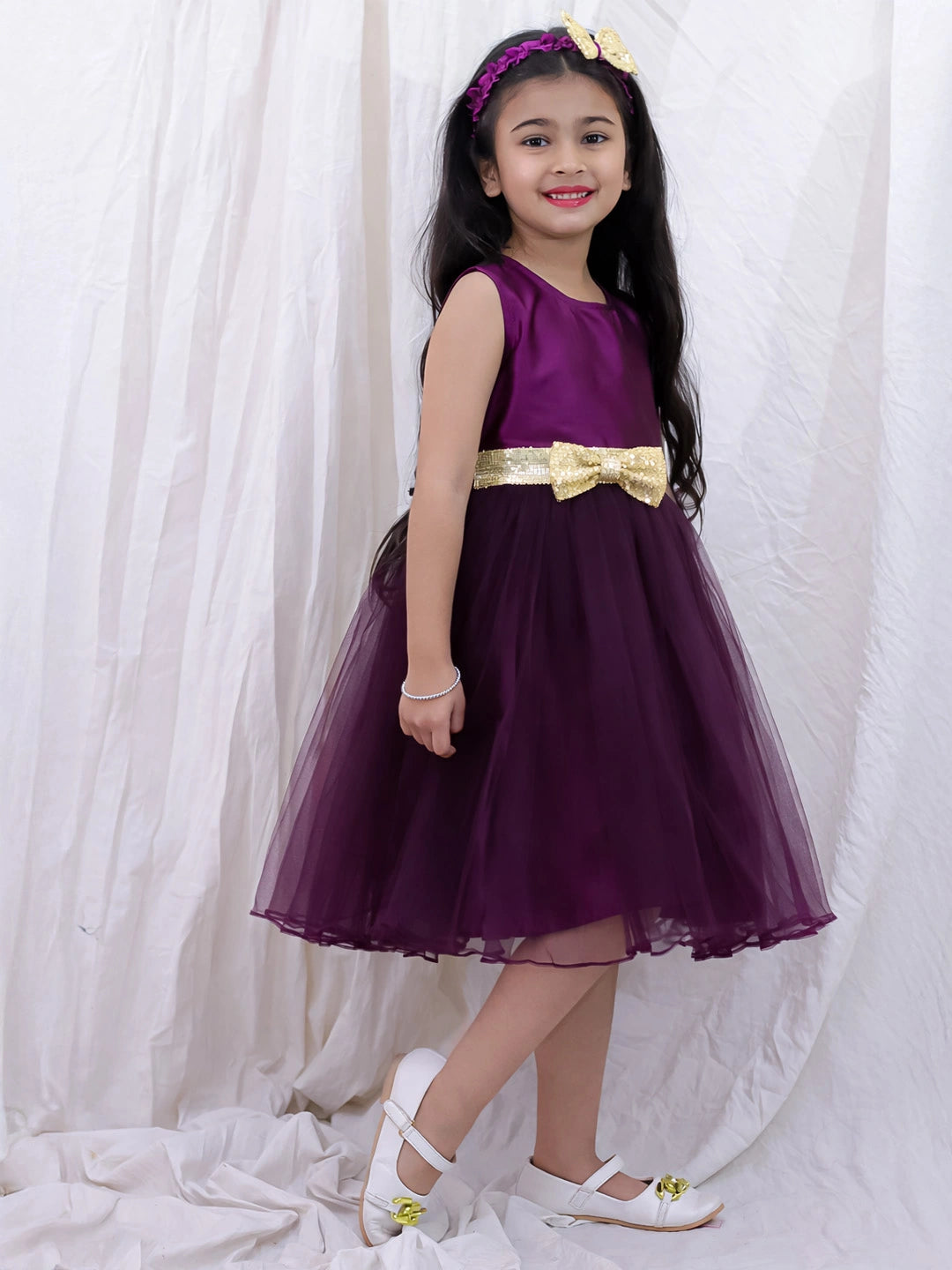 BownBee Sleeveless Taffeta Party Frock With Hairband For Girls