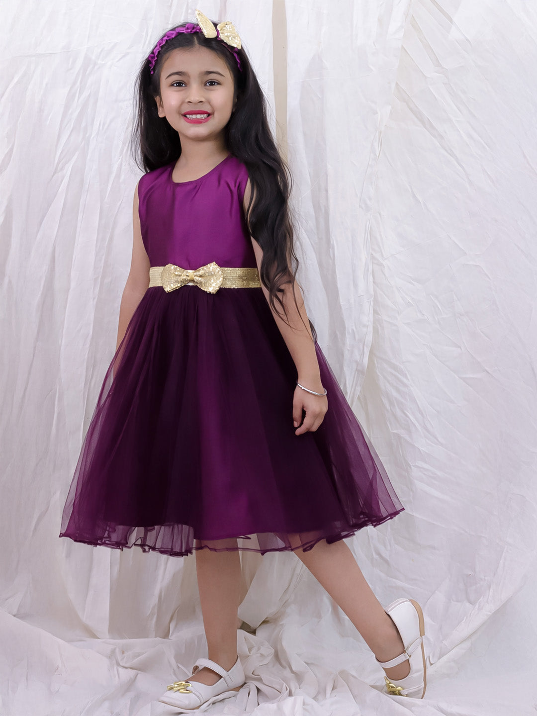 BownBee Sleeveless Taffeta Party Frock With Hairband For Girls - Purple