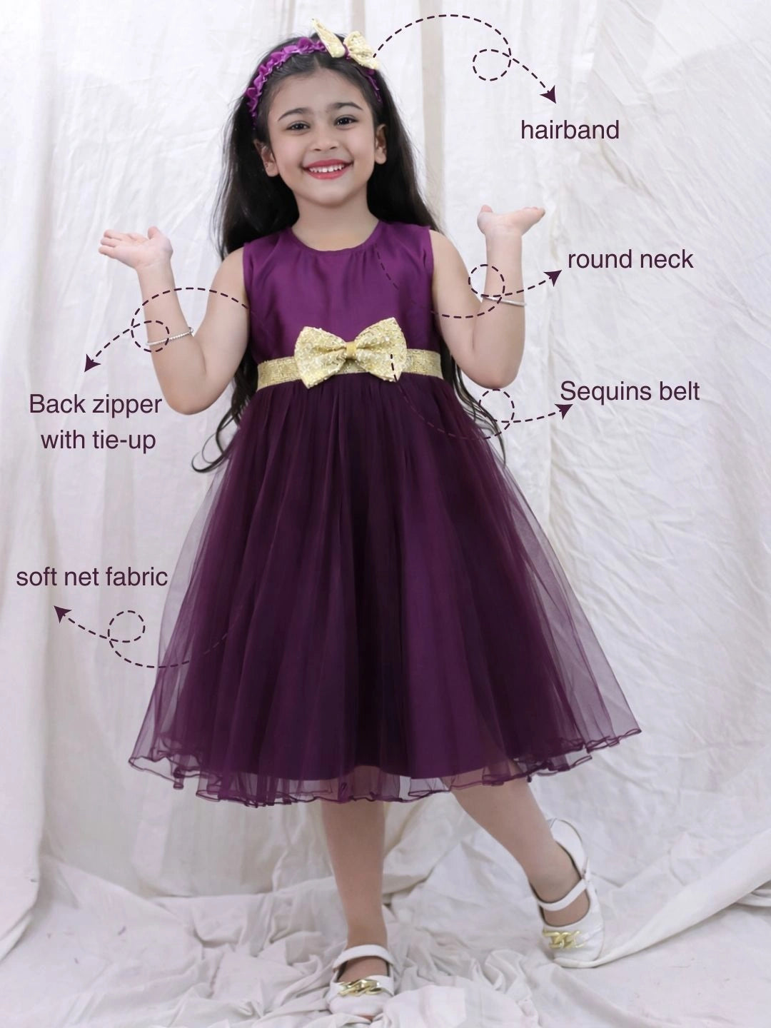 BownBee Sleeveless Taffeta Party Frock With Hairband For Girls - Purple