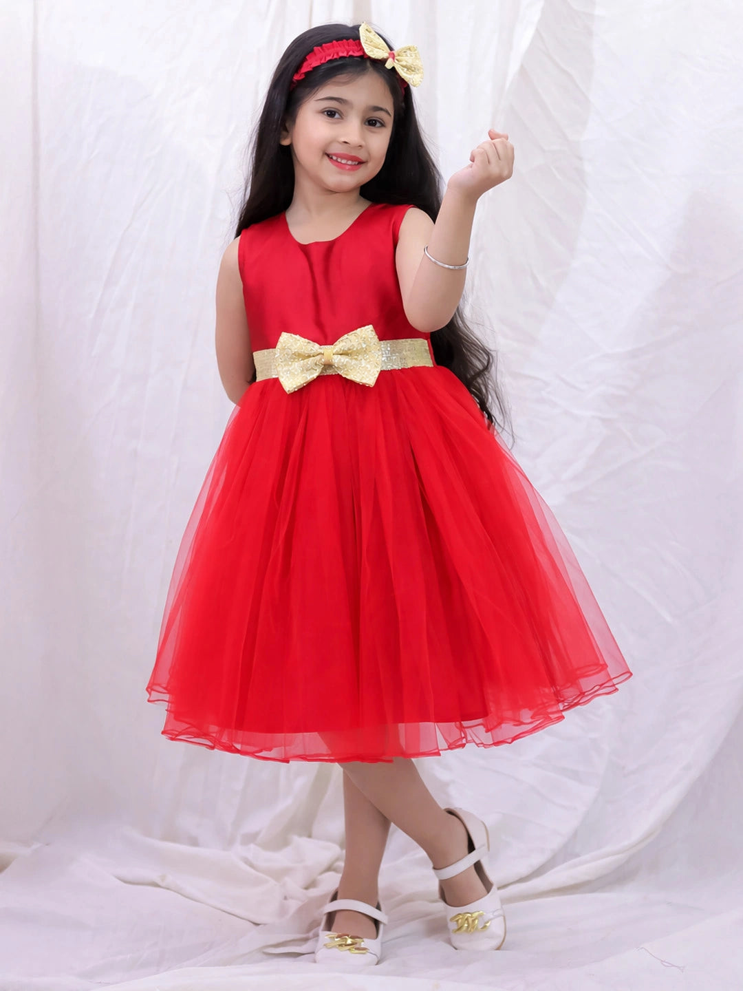 BownBee Sleeveless Taffeta Party Frock With Hairband For Girls
