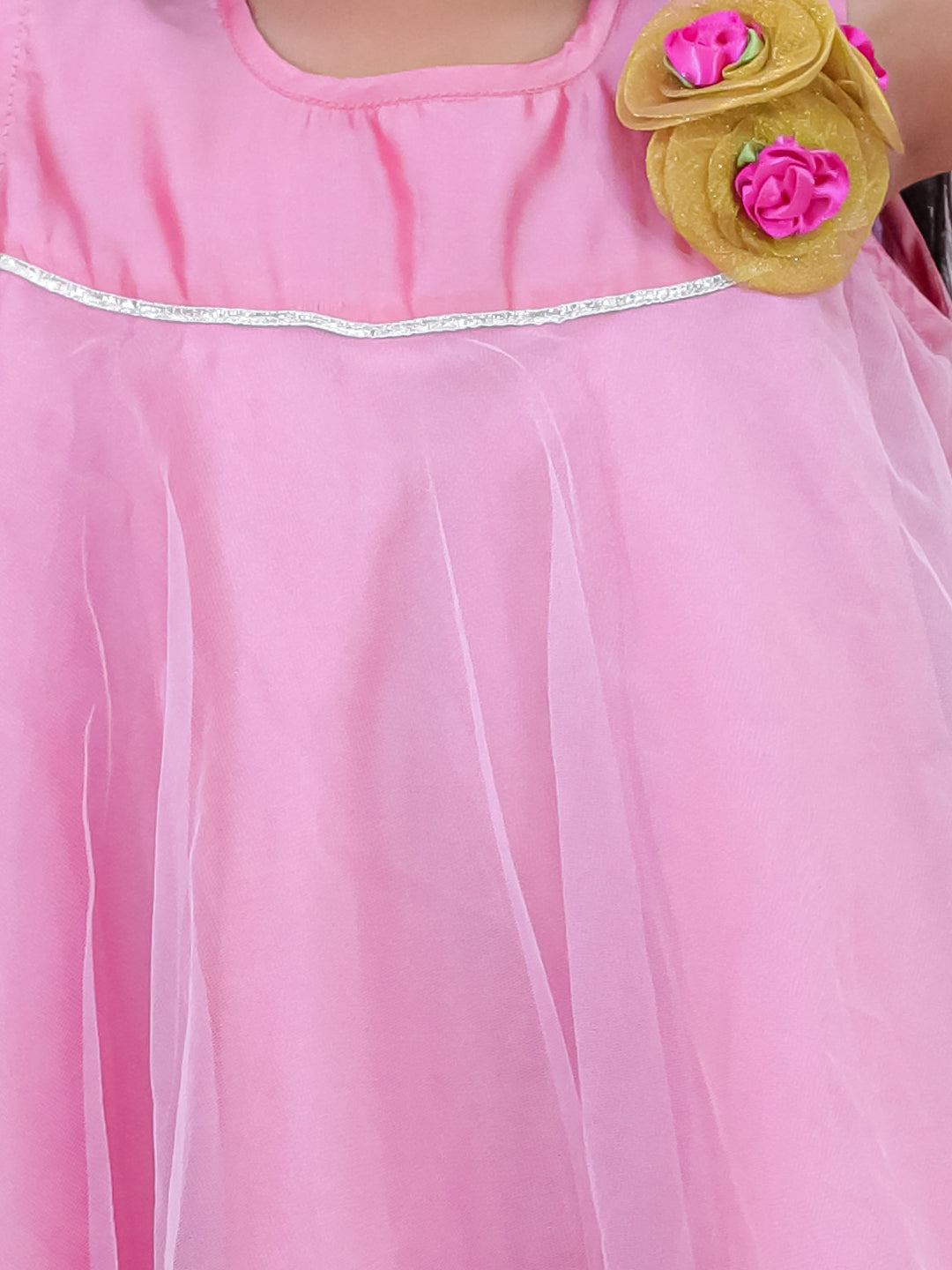 BownBee Sleeveless Taffeta Party Frock With Hairband For Girls - Pink