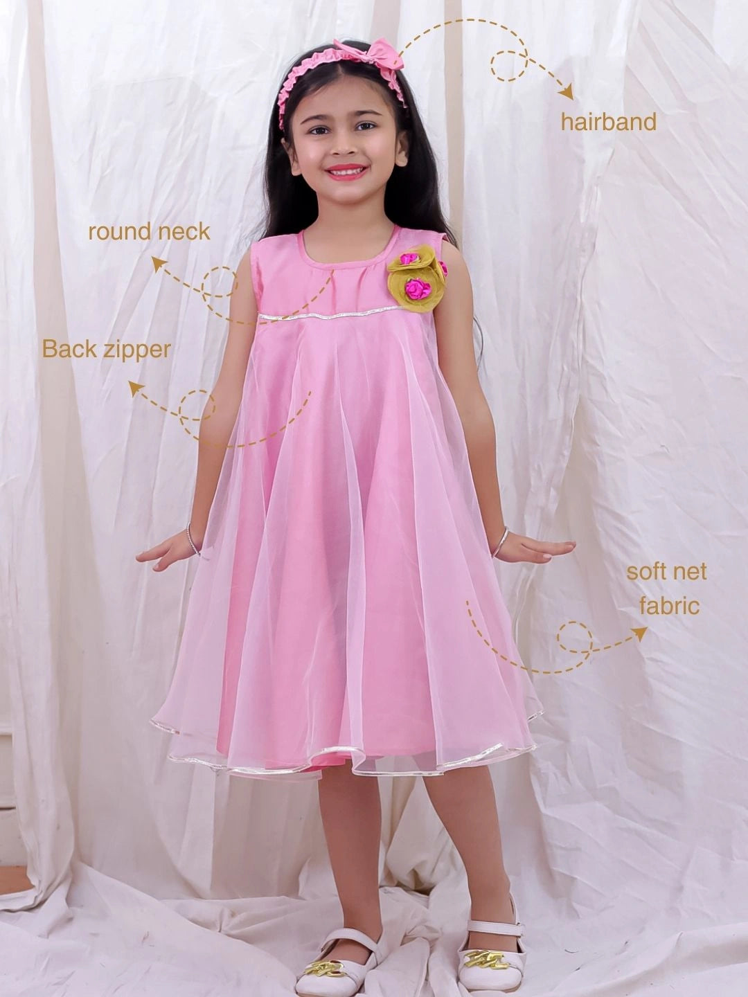 BownBee Sleeveless Taffeta Party Frock With Hairband For Girls - Pink
