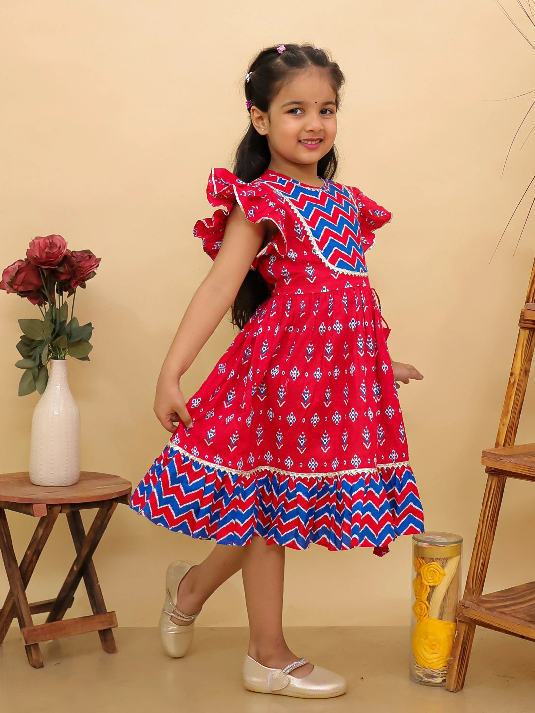 BownBee Pure Cotton Ruffle Sleeve Dress For Girls
