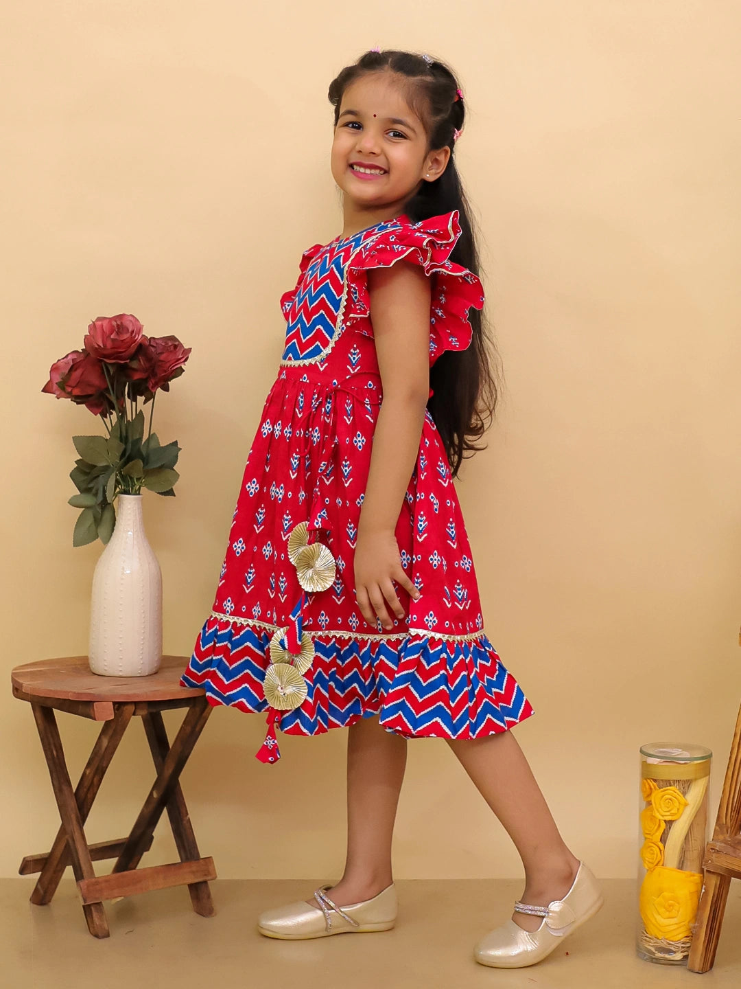 BownBee Pure Cotton Ruffle Sleeve Dress For Girls