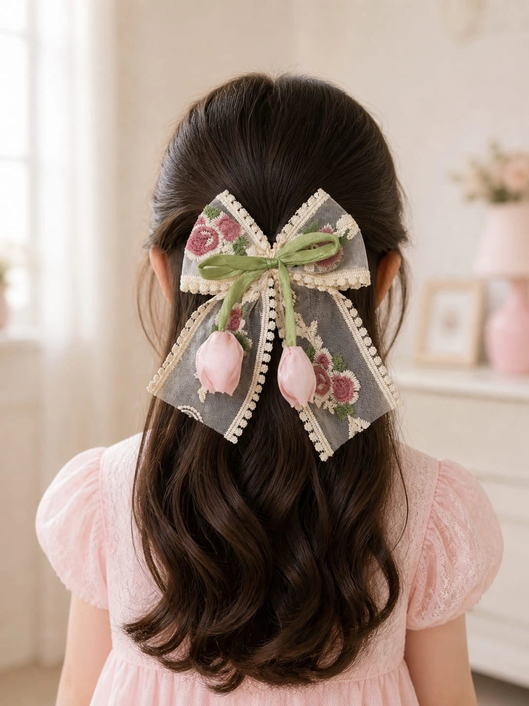 BownBee Floral Embroidered Lace Bow Hairclip For Girls