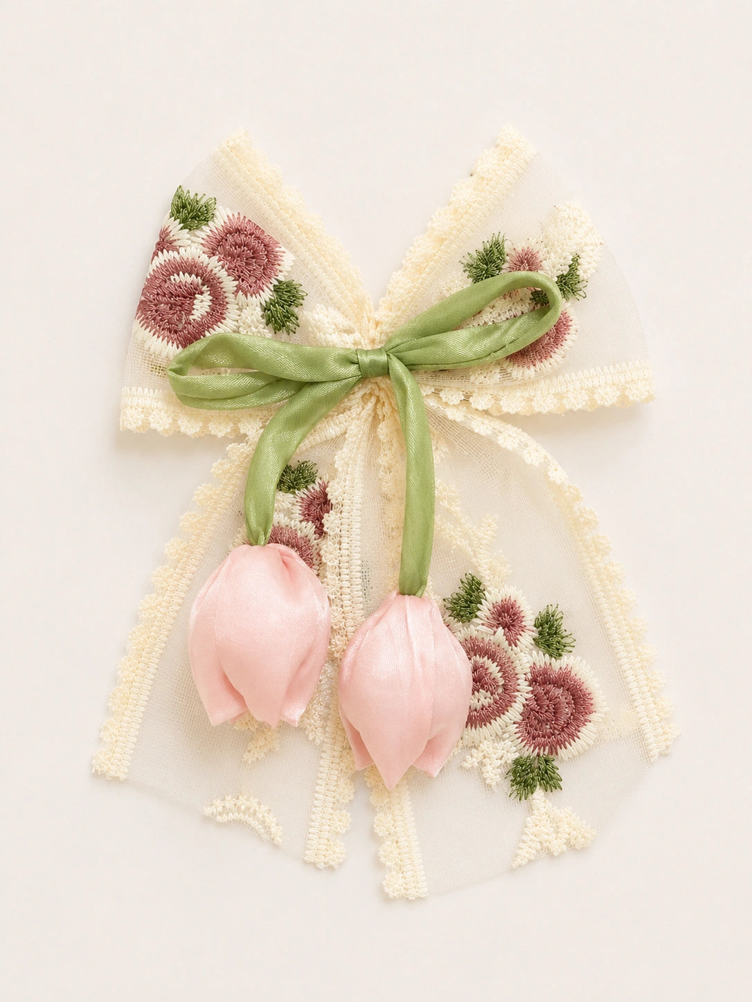BownBee Floral Embroidered Lace Bow Hairclip For Girls