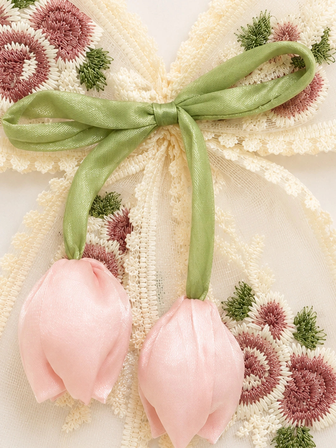 BownBee Floral Embroidered Lace Bow Hairclip For Girls
