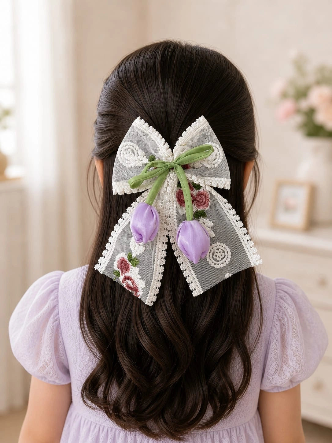 BownBee Floral Embroidered Lace Bow Hairclip For Girls