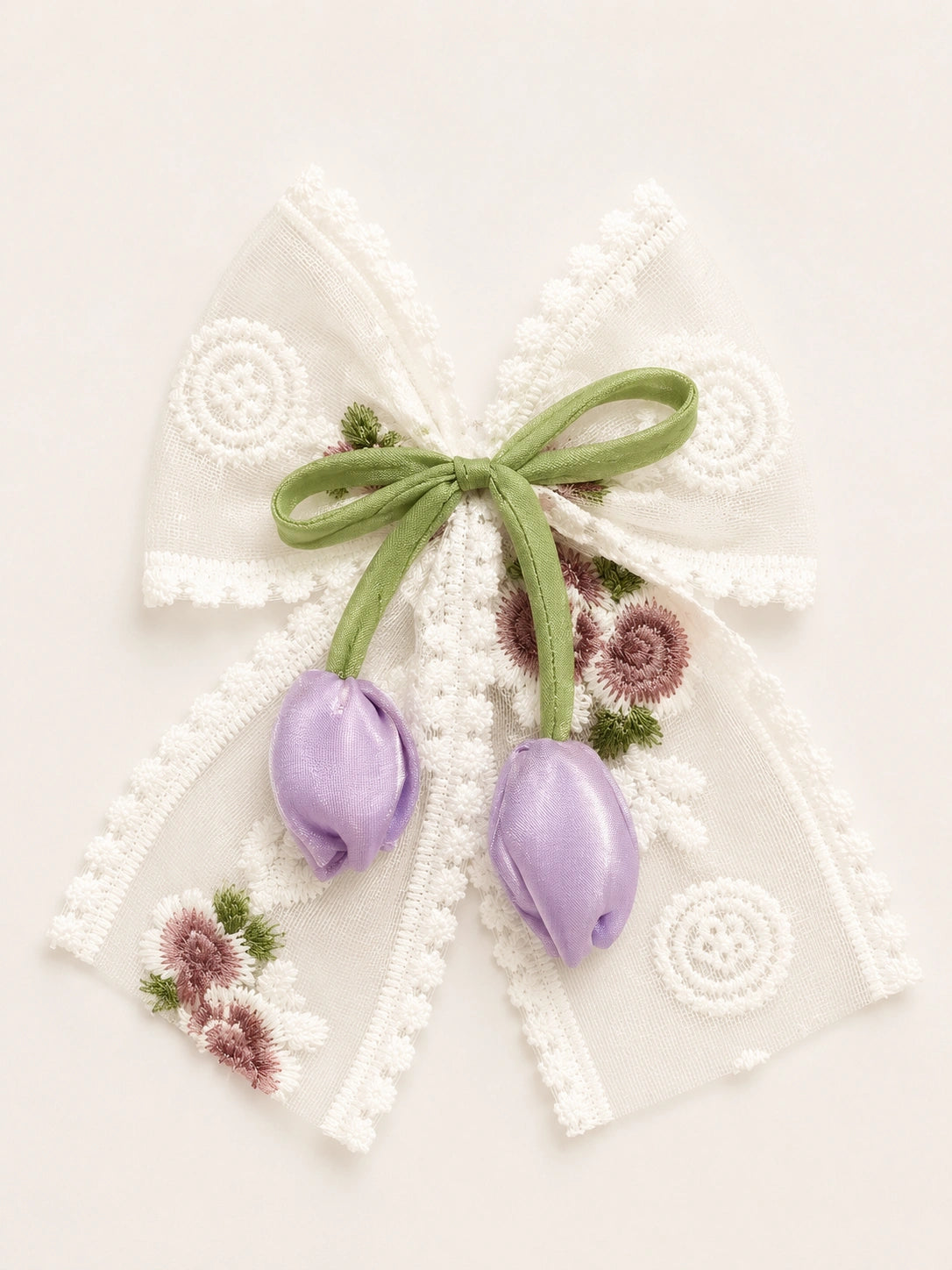 BownBee Floral Embroidered Lace Bow Hairclip For Girls