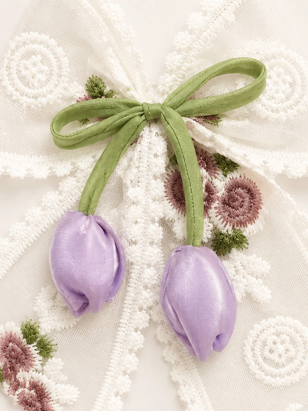 BownBee Floral Embroidered Lace Bow Hairclip For Girls