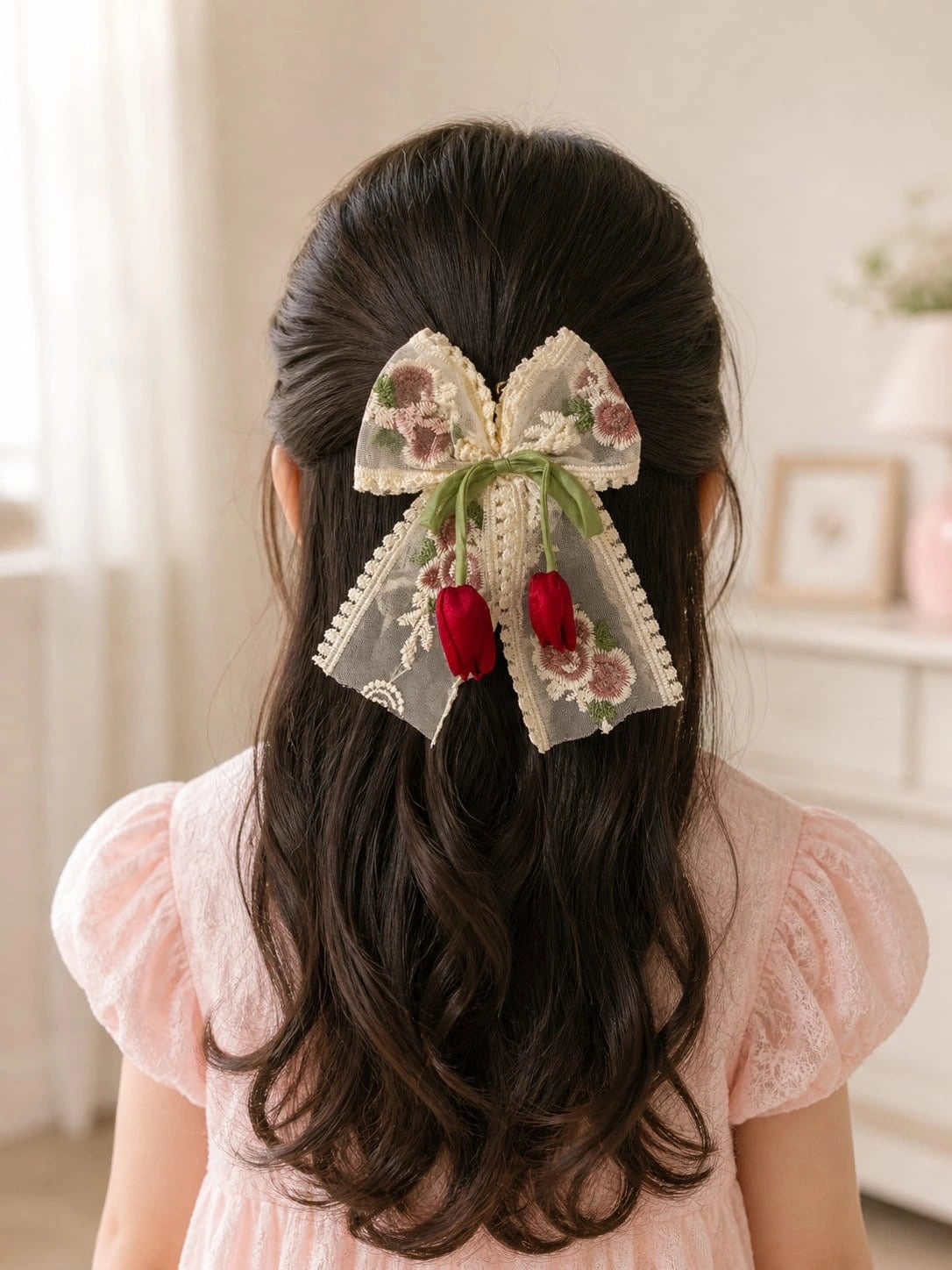 BownBee Floral Embroidered Lace Bow Hairclip For Girls