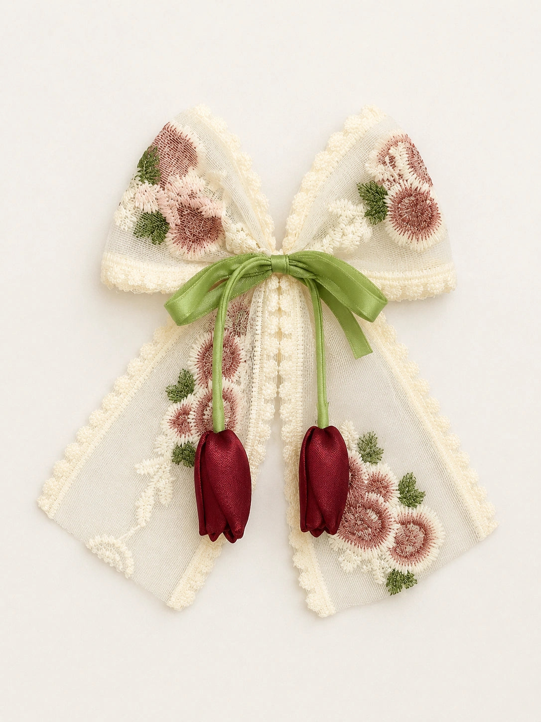 BownBee Floral Embroidered Lace Bow Hairclip For Girls